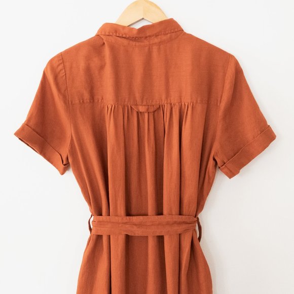 Magaschoni Linen Short Sleeve Midi Length Tie Waist Button Down Dress - Picture 6 of 7